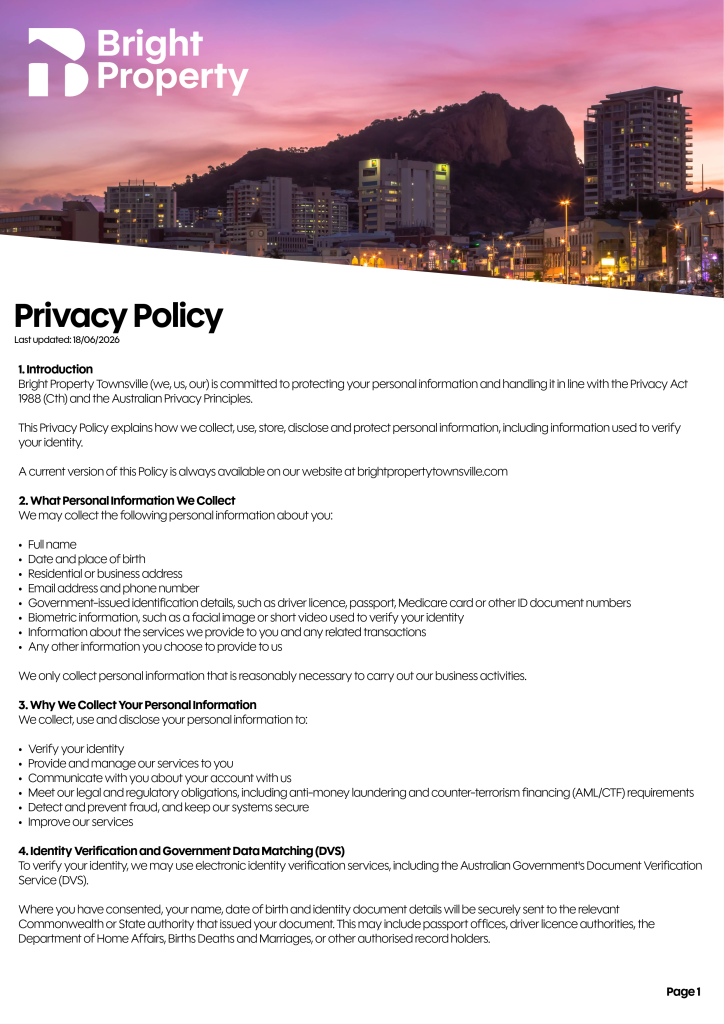 Bright Property logo in white on a sunset city skyline with a diagonal white divider; title 'Privacy Policy' appears on the page.