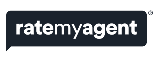 RateMyAgent logo: white lowercase text on a dark blue speech-bubble background.