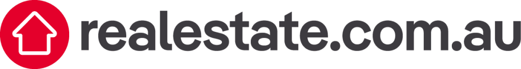 Logo for realestate.com.au featuring a red circle with a white house outline and the site name in bold letters